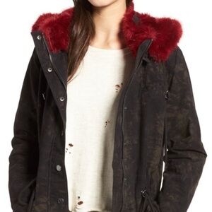 BLANKNYC Women's Black Jacket with Red Faux Fur Trim. S